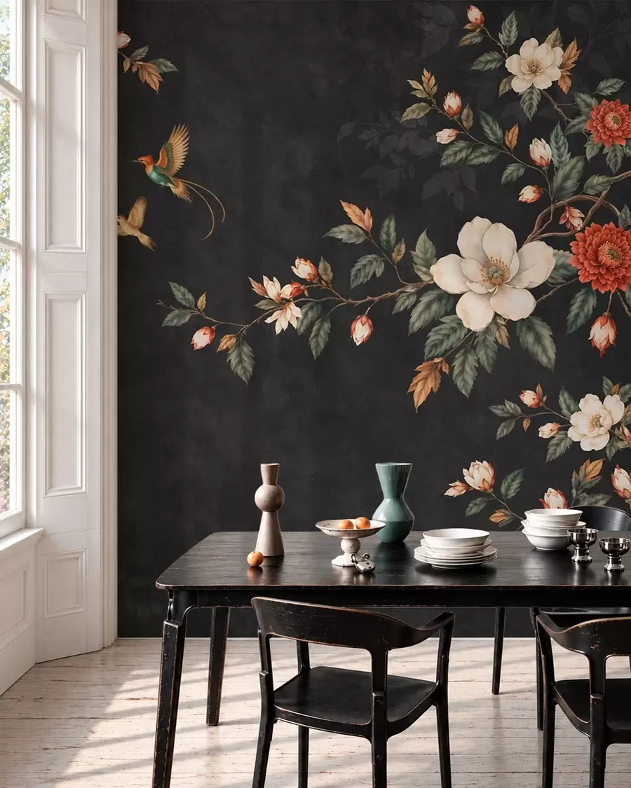 wall murals Flowering branches and two birds on a dark background w05927