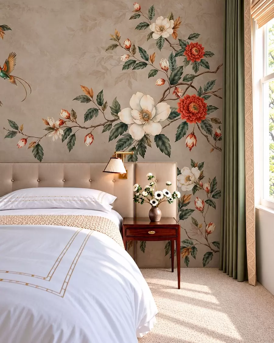 peintures murales Des fleurs, des feuilles vertes et deux oiseaux sur un fond clair w05927v1