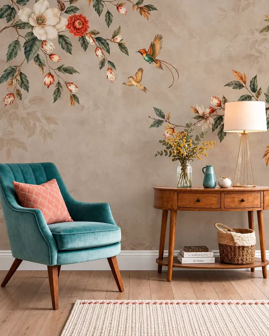 Wall Mural Photo Wallpaper Flowers, green leaves and two birds on a light background w05927v1