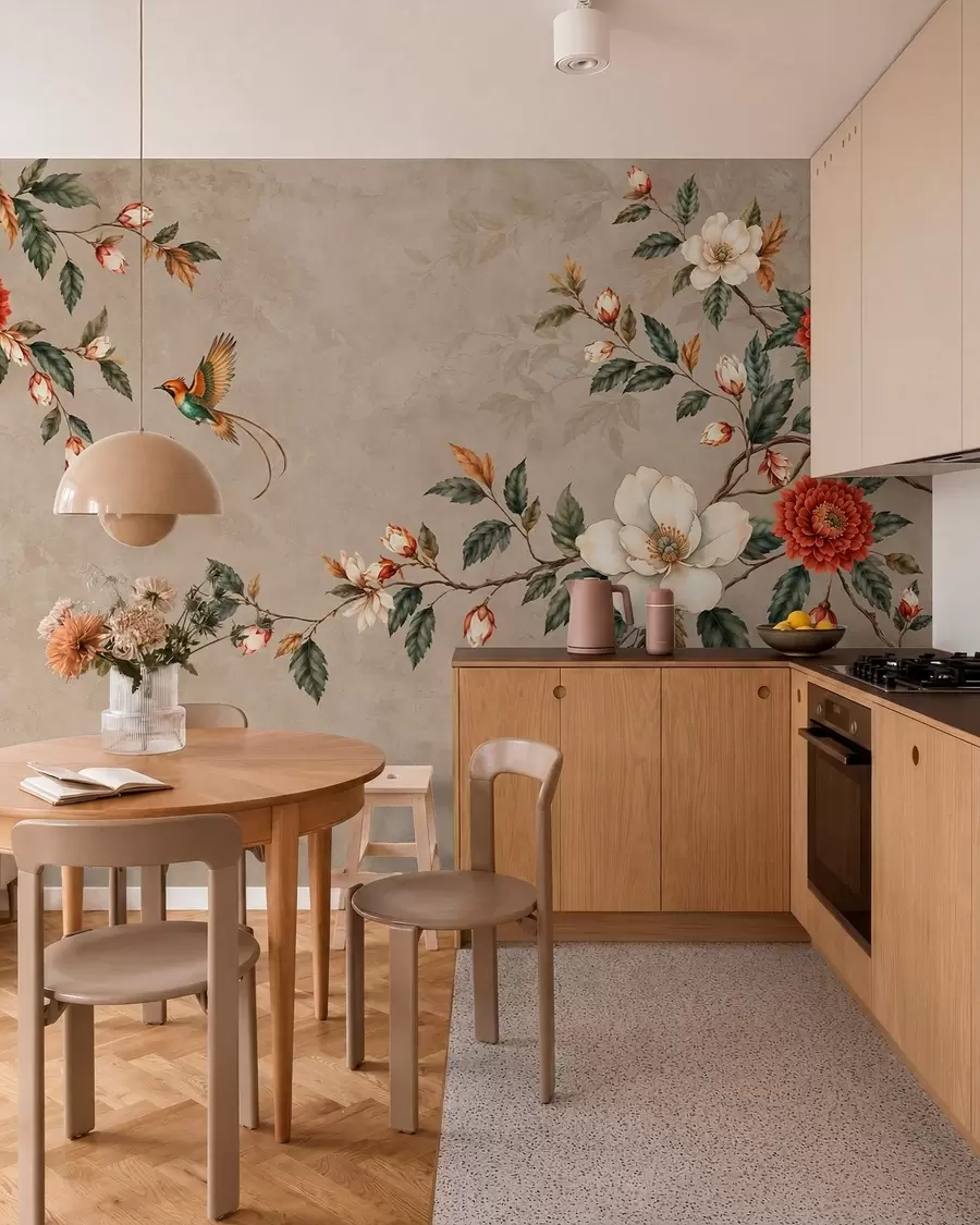 peintures murales Des fleurs, des feuilles vertes et deux oiseaux sur un fond clair w05927v1