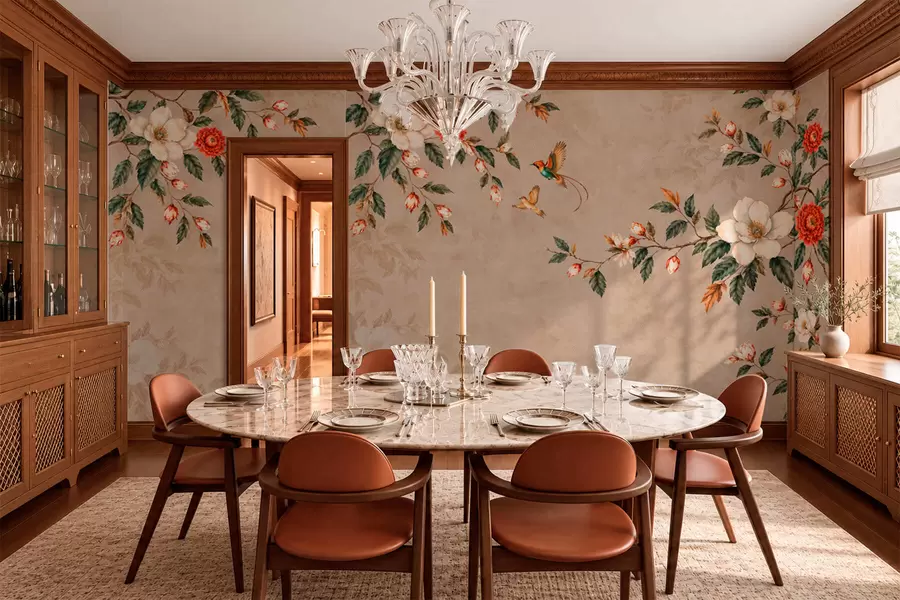 wall murals Flowers, green leaves and two birds on a light background w05927v1