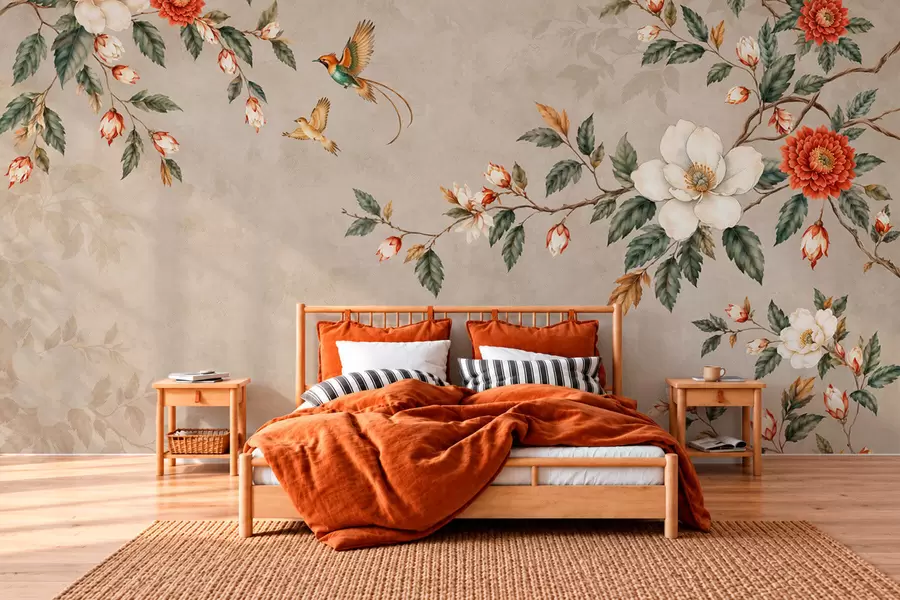 murales Ramas en flor y dos pájaros sobre un fondo beige w05927v2