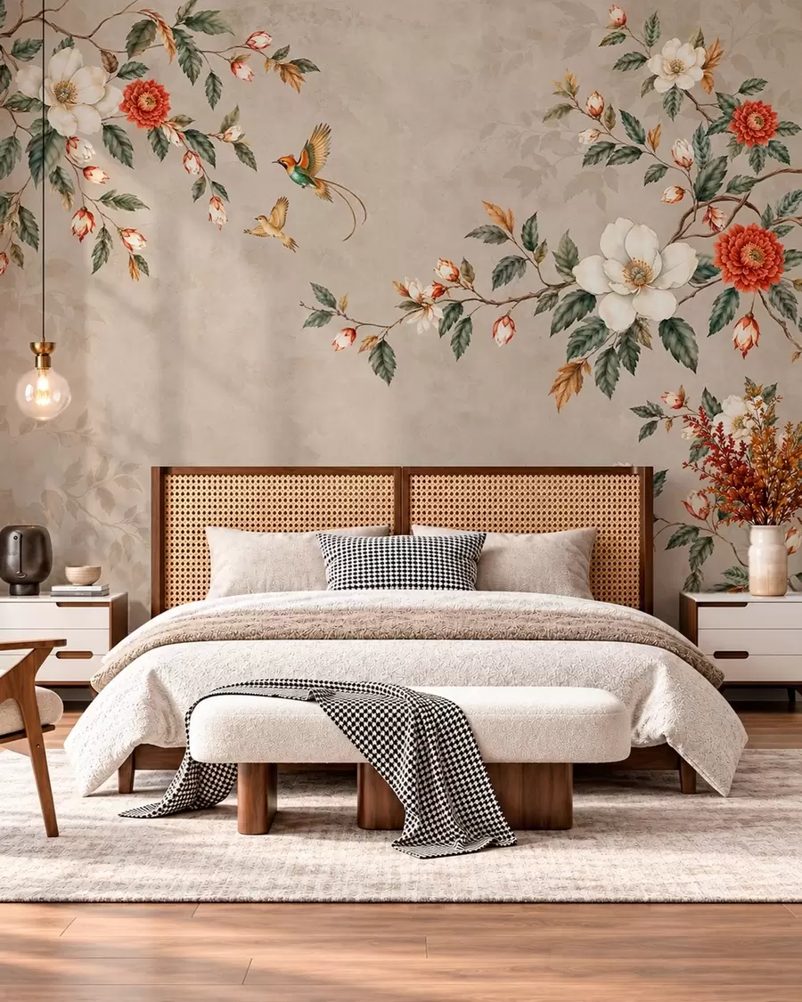 peintures murales Des branches fleuries et deux oiseaux sur fond beige w05927v2