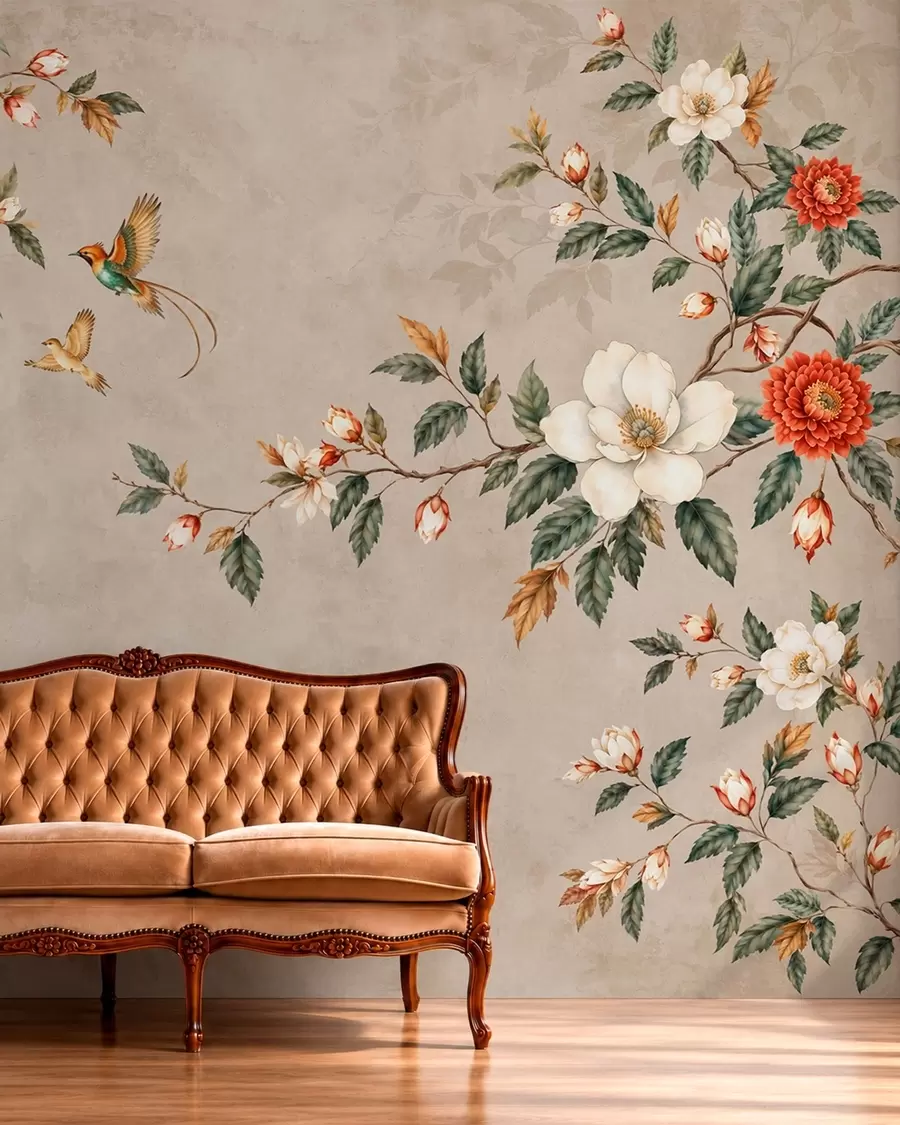 Wall Mural Photo Wallpaper Flowering branches and two birds on a beige background w05927v2