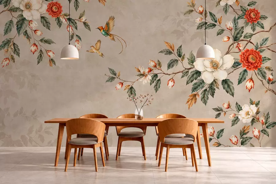 wall murals Flowering branches and two birds on a beige background w05927v2