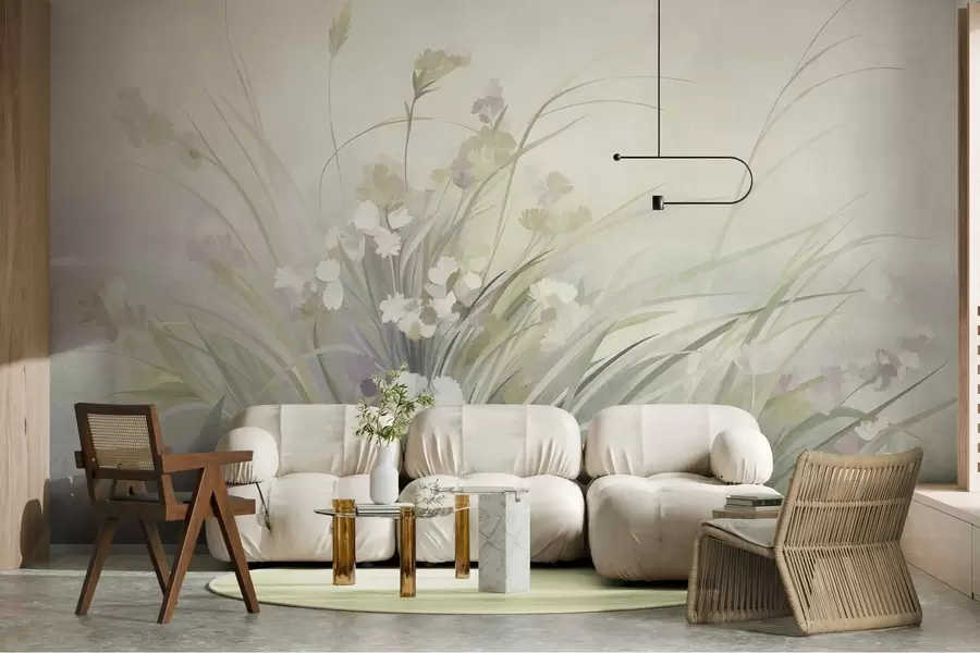 Wall Mural Photo Wallpaper Tall grass and wildflowers in soft green colors, textured art w10062v1