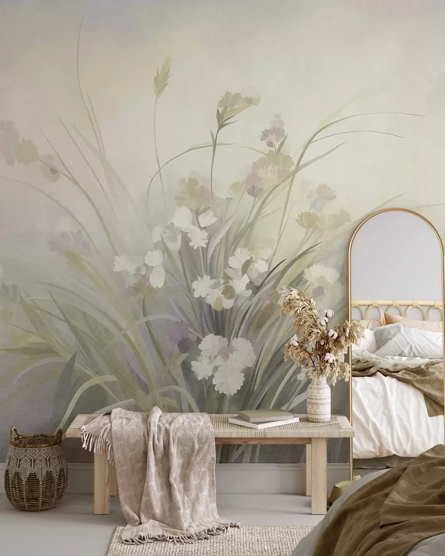 Wall Mural Photo Wallpaper Tall grass and wildflowers in soft green colors, textured art w10062v1