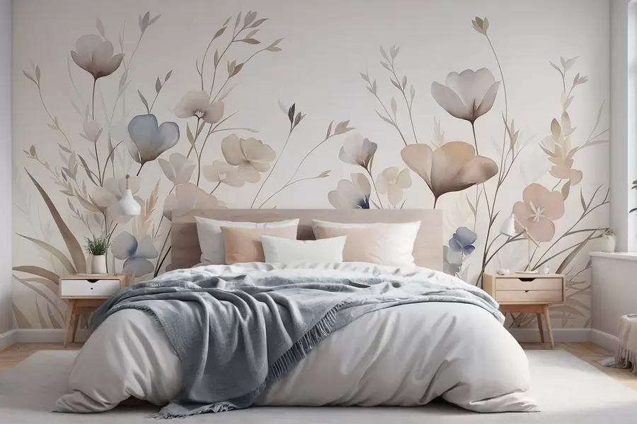 wall murals Delicate wildflowers in pastel shades of blue, pink and beige with tall grass w10065