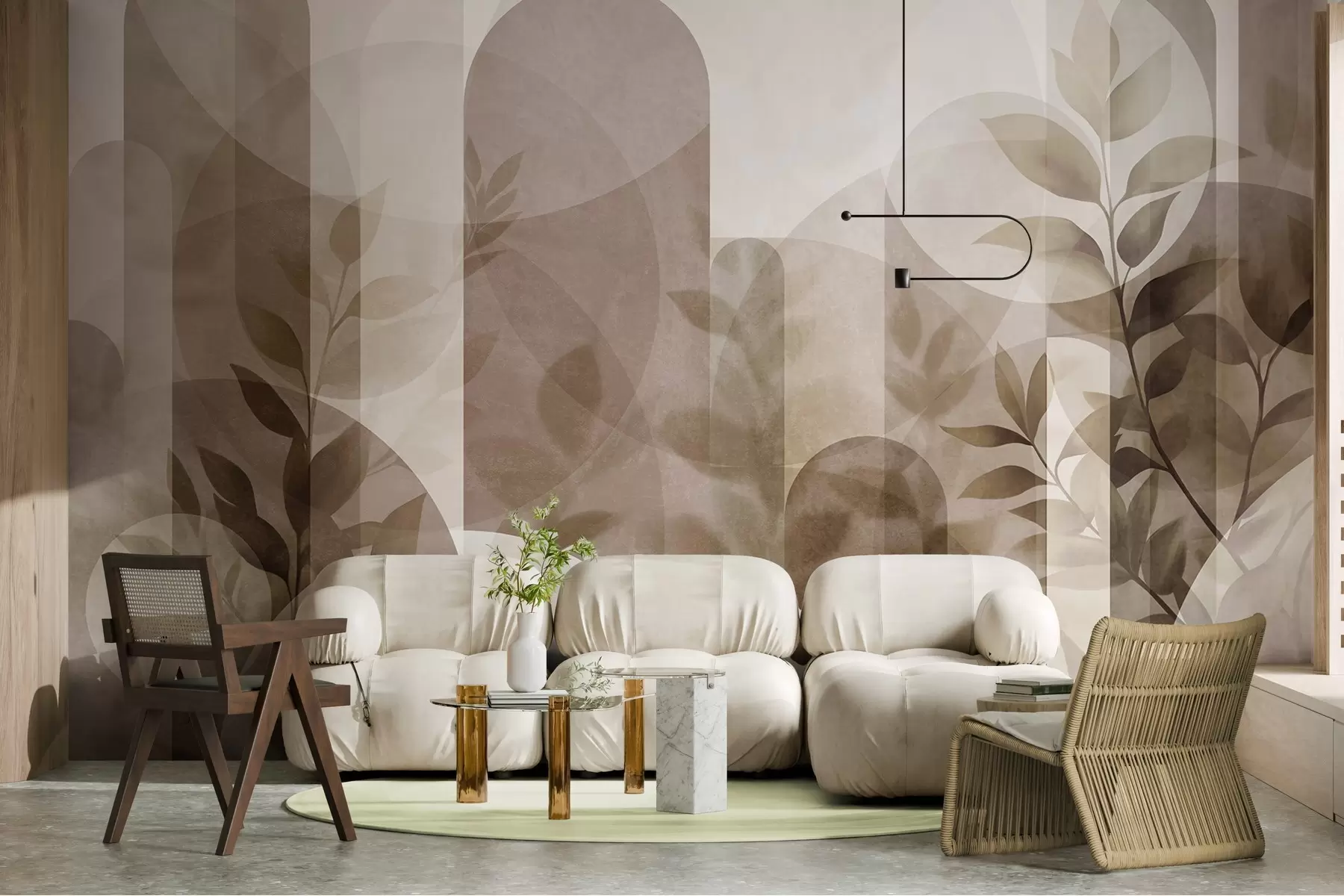 wall murals Abstract geometric elements and delicate leaves in muted brown and beige w10088