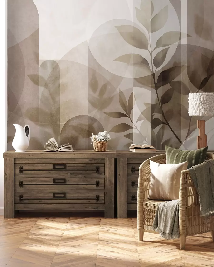 Wall Mural Photo Wallpaper Abstract geometric elements and delicate leaves in muted brown and beige w10088