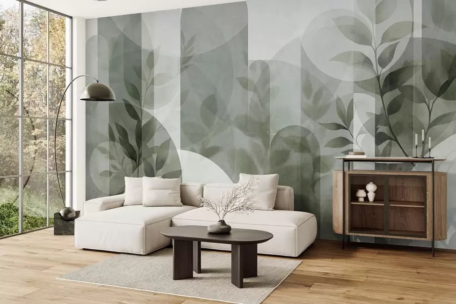 Wall Mural Photo Wallpaper Abstract geometric elements and delicate leaves in muted green w10088v1