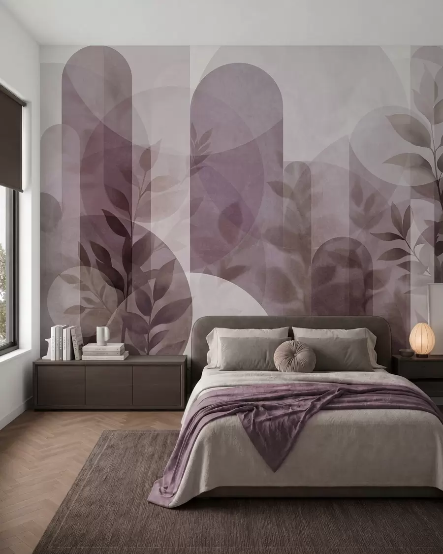 murales Elementos geométricos abstractos y delicadas hojas en tonos rosas apagados w10088v2