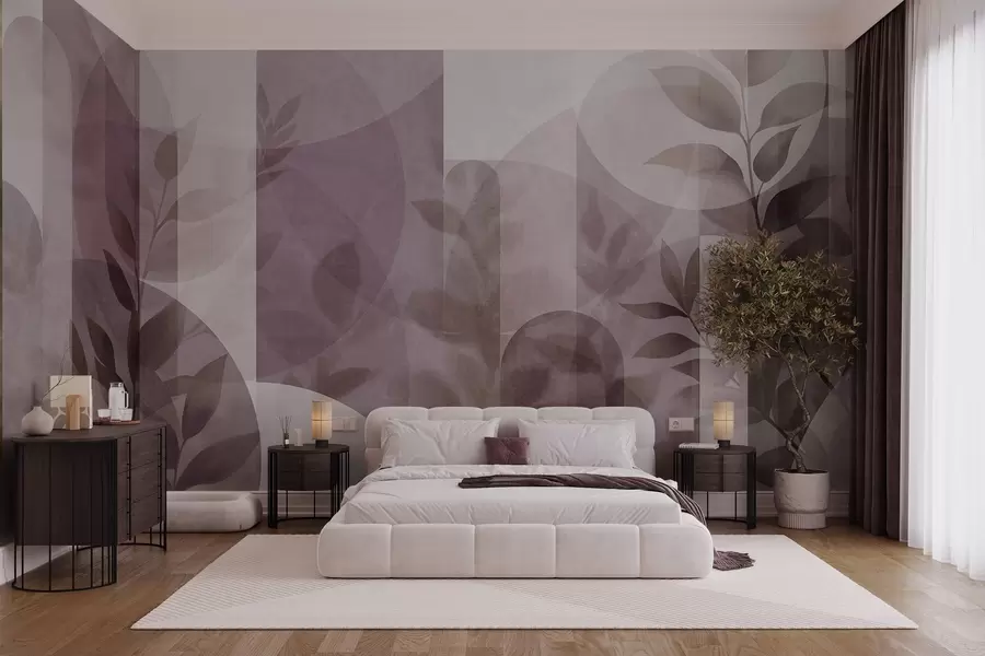 murales Elementos geométricos abstractos y delicadas hojas en tonos rosas apagados w10088v2