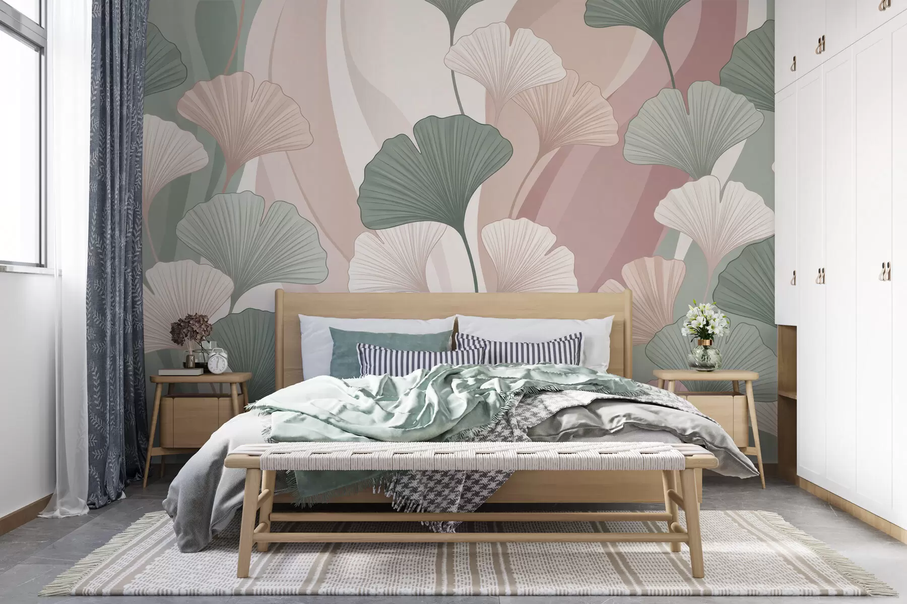 peintures murales Feuilles de ginkgo aux couleurs pastel sur un fond abstrait dans des tons de vert, crème, beige et rose poudré w10040