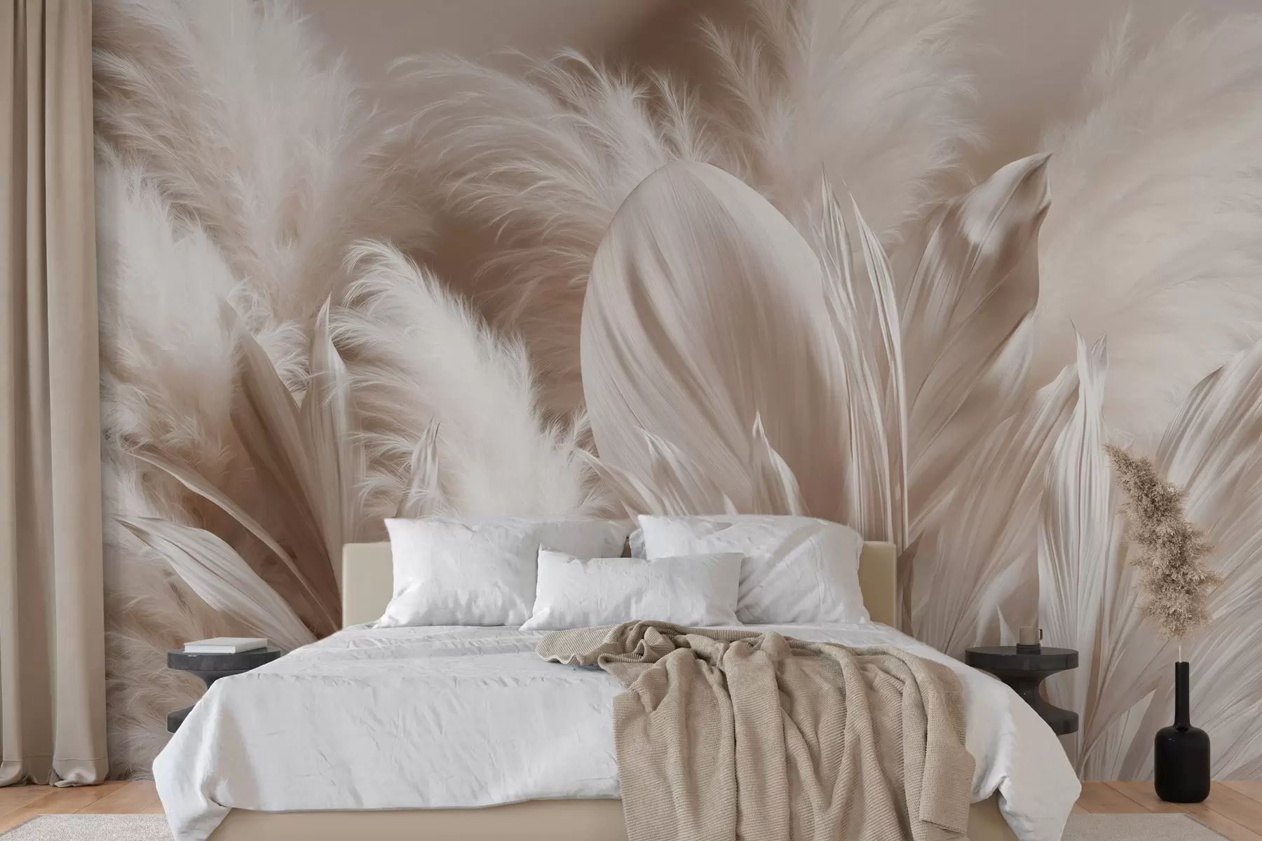 Wall Mural Photo Wallpaper Delicate composition of fluffy pampas grass and large light botanical leaves in a cream and beige palette w10034