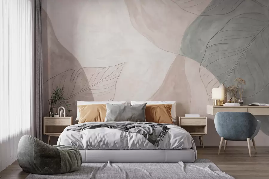 Wall Mural Photo Wallpaper Abstract botanical composition with large leaves and organic shapes in shades of beige, cream, and green w10070