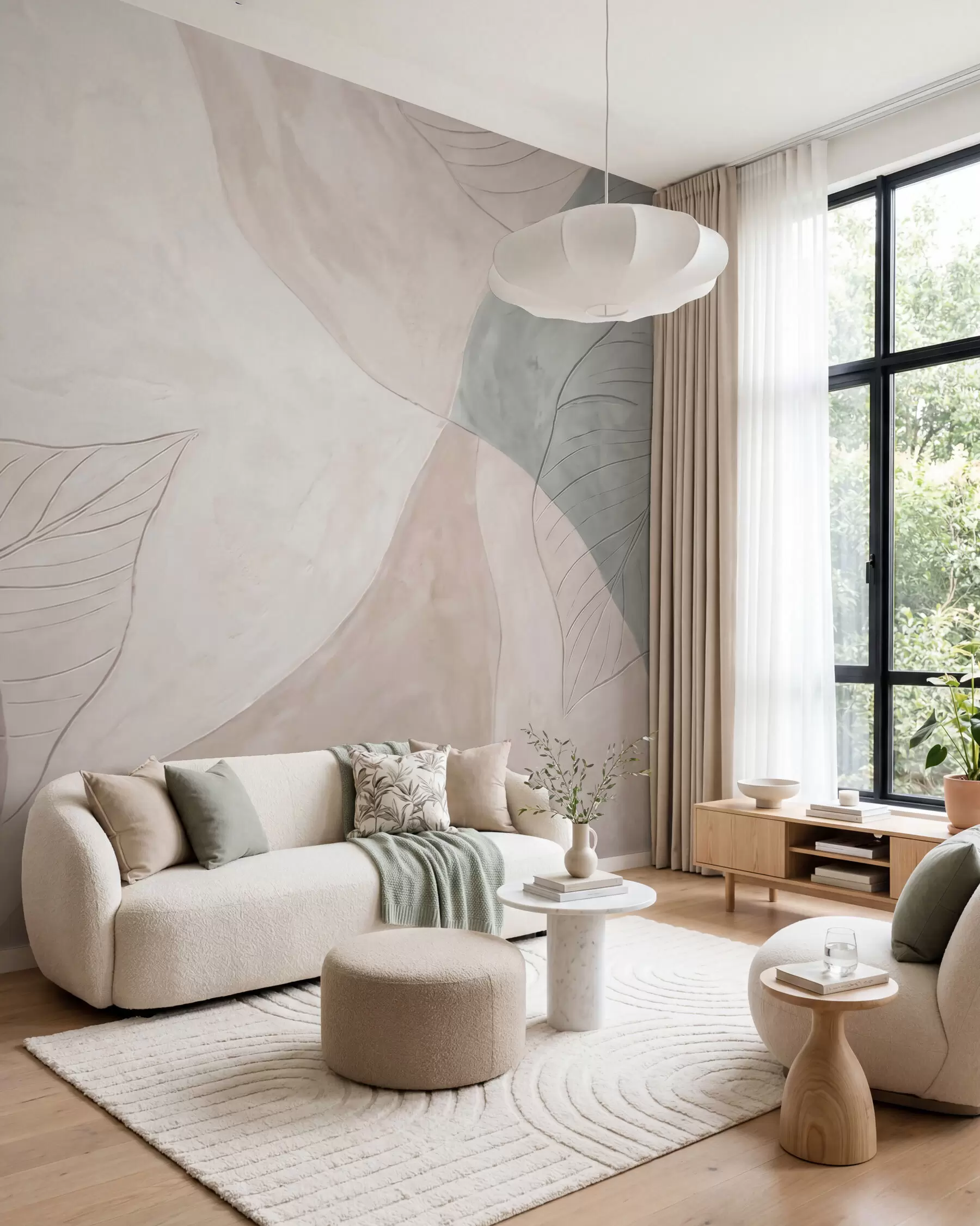 Wall Mural Photo Wallpaper Abstract botanical composition with large leaves and organic shapes in shades of beige, cream, and green w10070