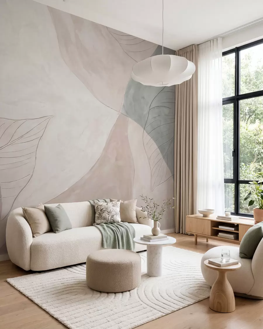 Wall Mural Photo Wallpaper Abstract botanical composition with large leaves and organic shapes in shades of beige, cream, and green w10070