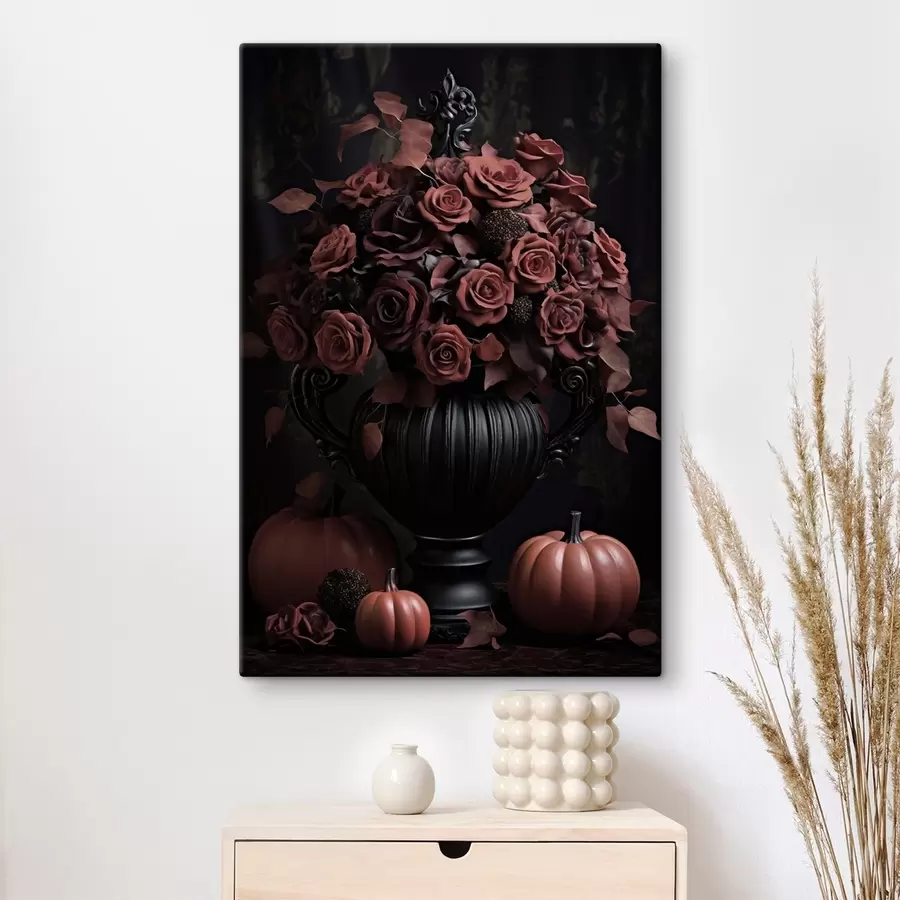 wall murals Burgundy Roses and Pumpkin in Dark Vase s50913