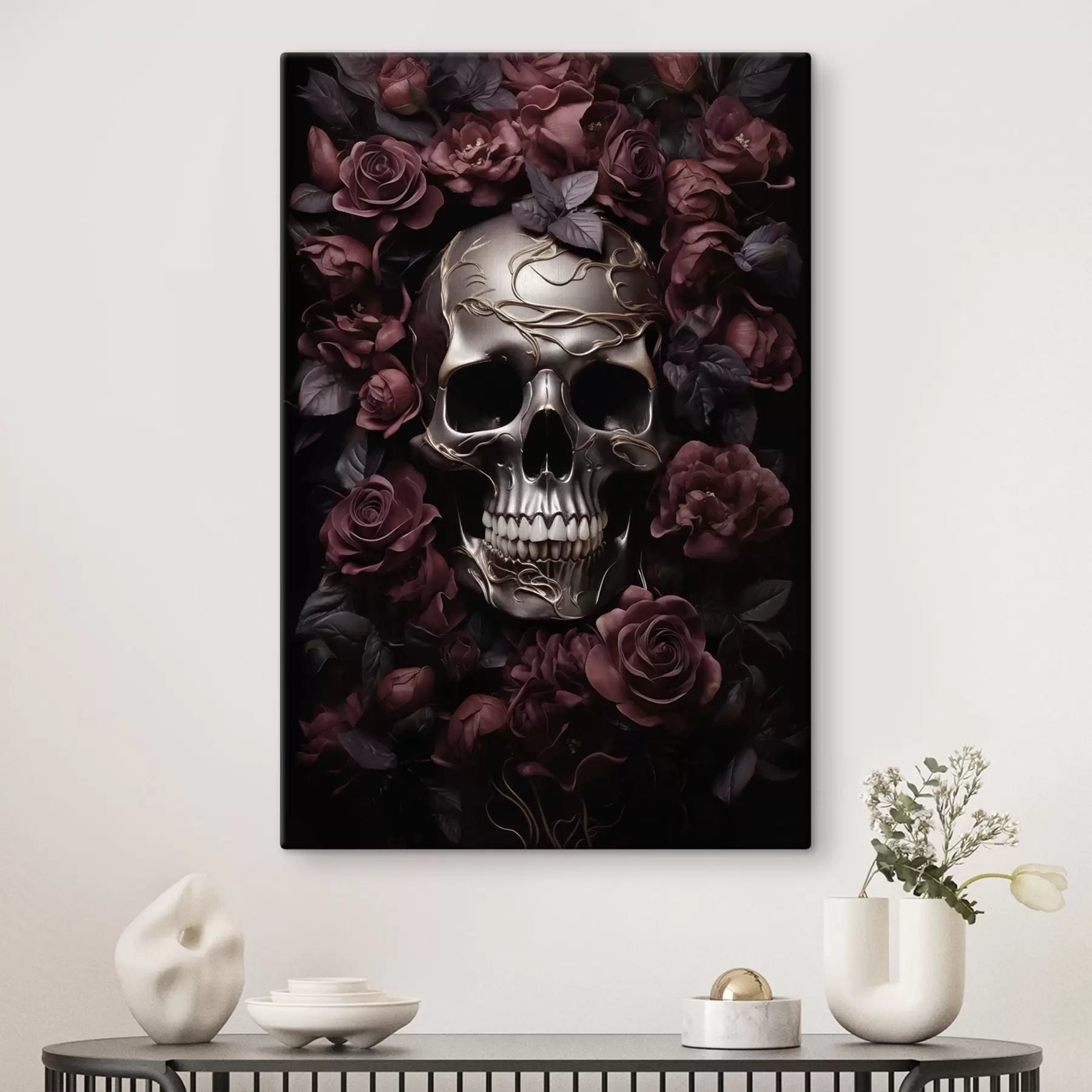 murales Calavera entre rosas borgoña s50914