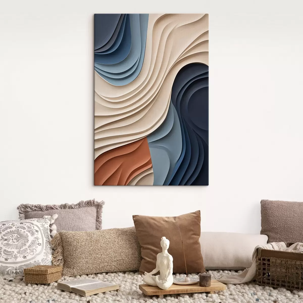 wall murals Abstract wavy layers of cream, blue and orange colors, textured modern art s50949