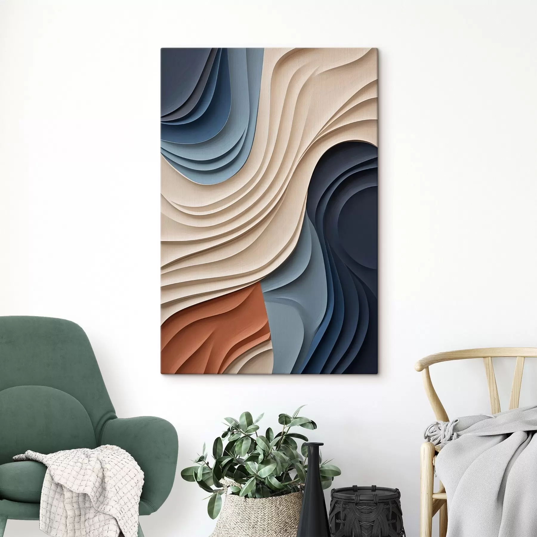 murales Capas abstractas y onduladas en tonos crema, azul y naranja; arte moderno con textura s50949