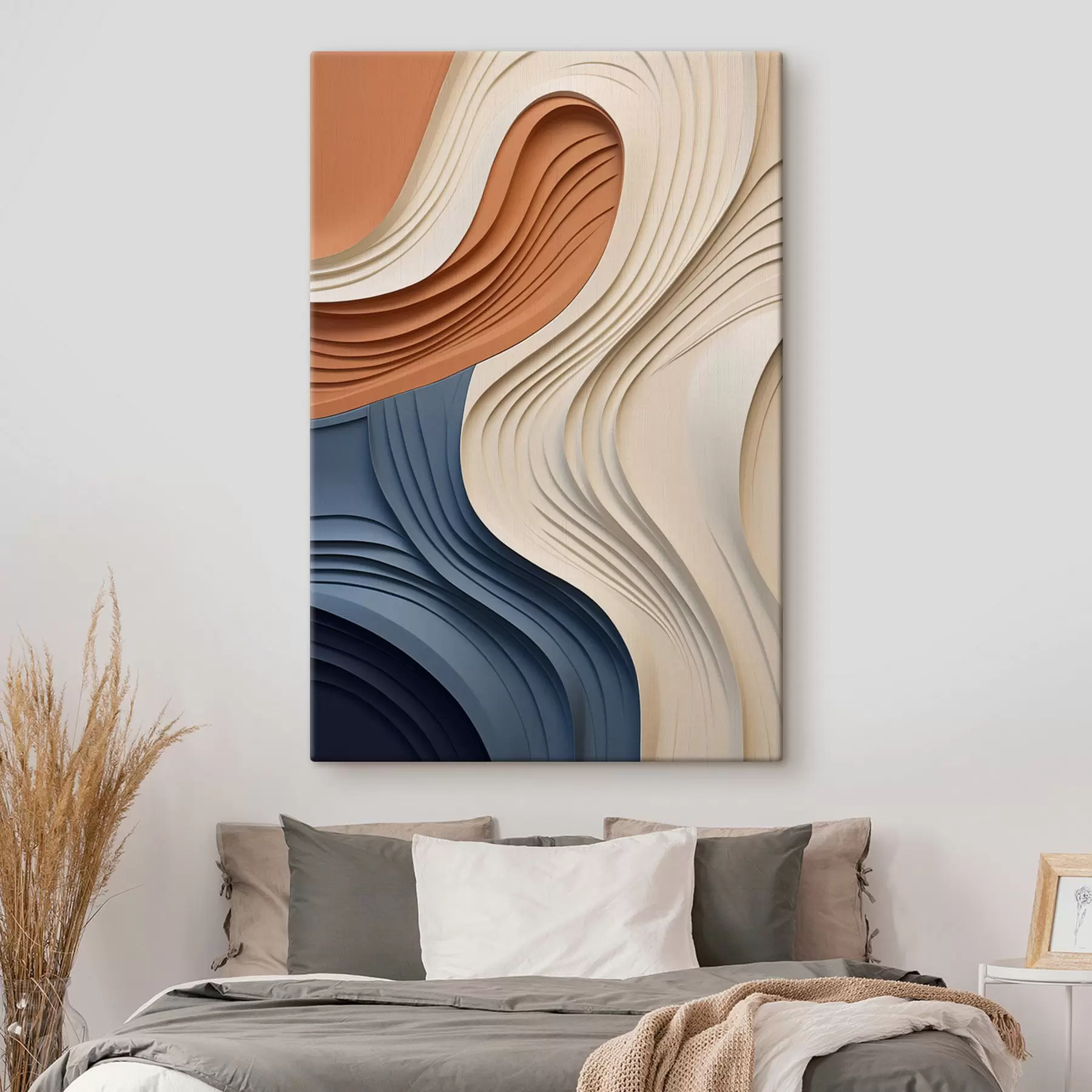 murales Capas abstractas y onduladas en tonos crema, azul y naranja; arte moderno con textura s50950