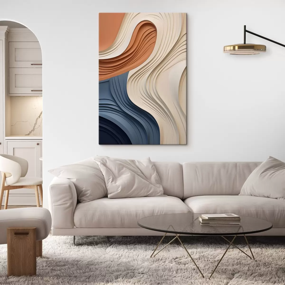 wall murals Abstract wavy layers of cream, blue and orange colors, textured modern art s50950