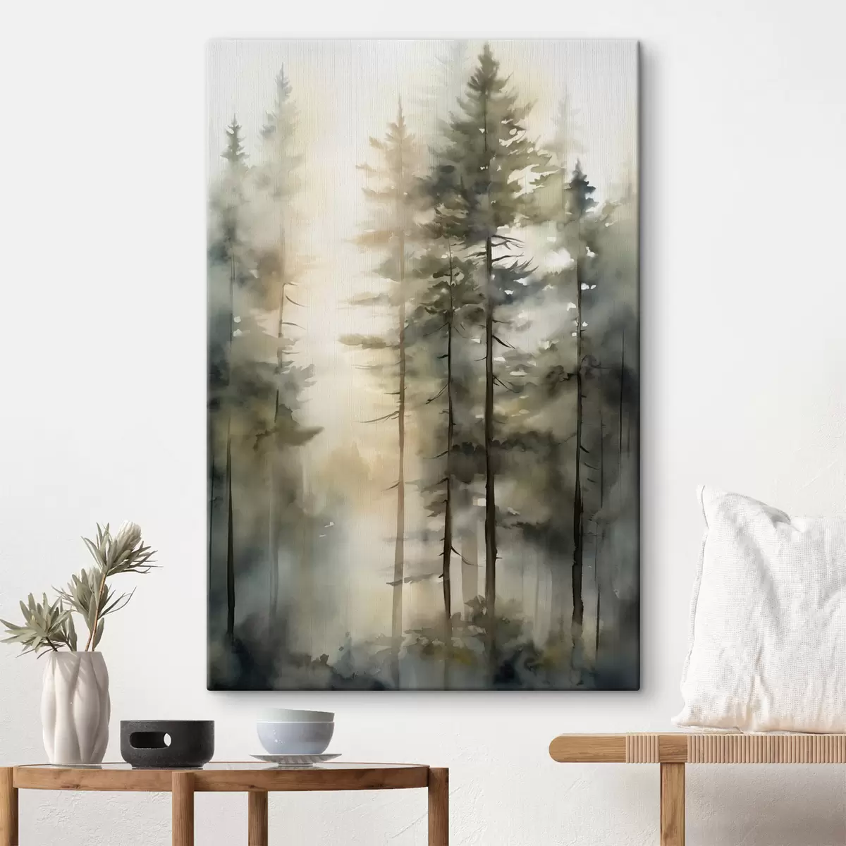 wall murals Tall pine trees in a misty forest with sunny light s50947
