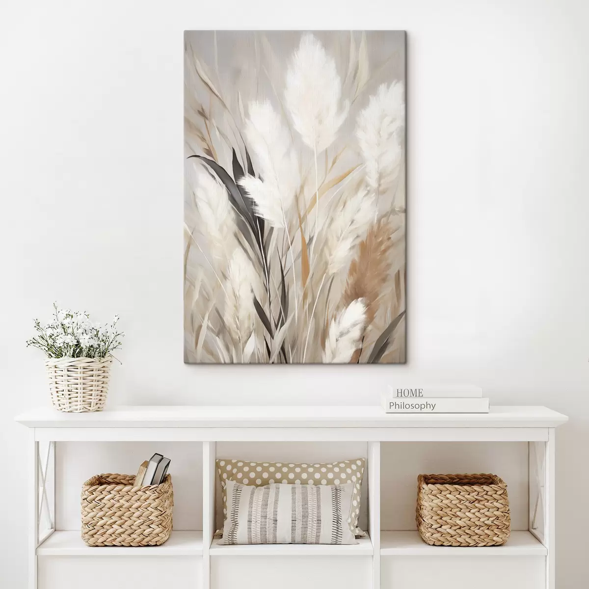 wall murals Pampas grass with white and black leaves against a neutral background s50955