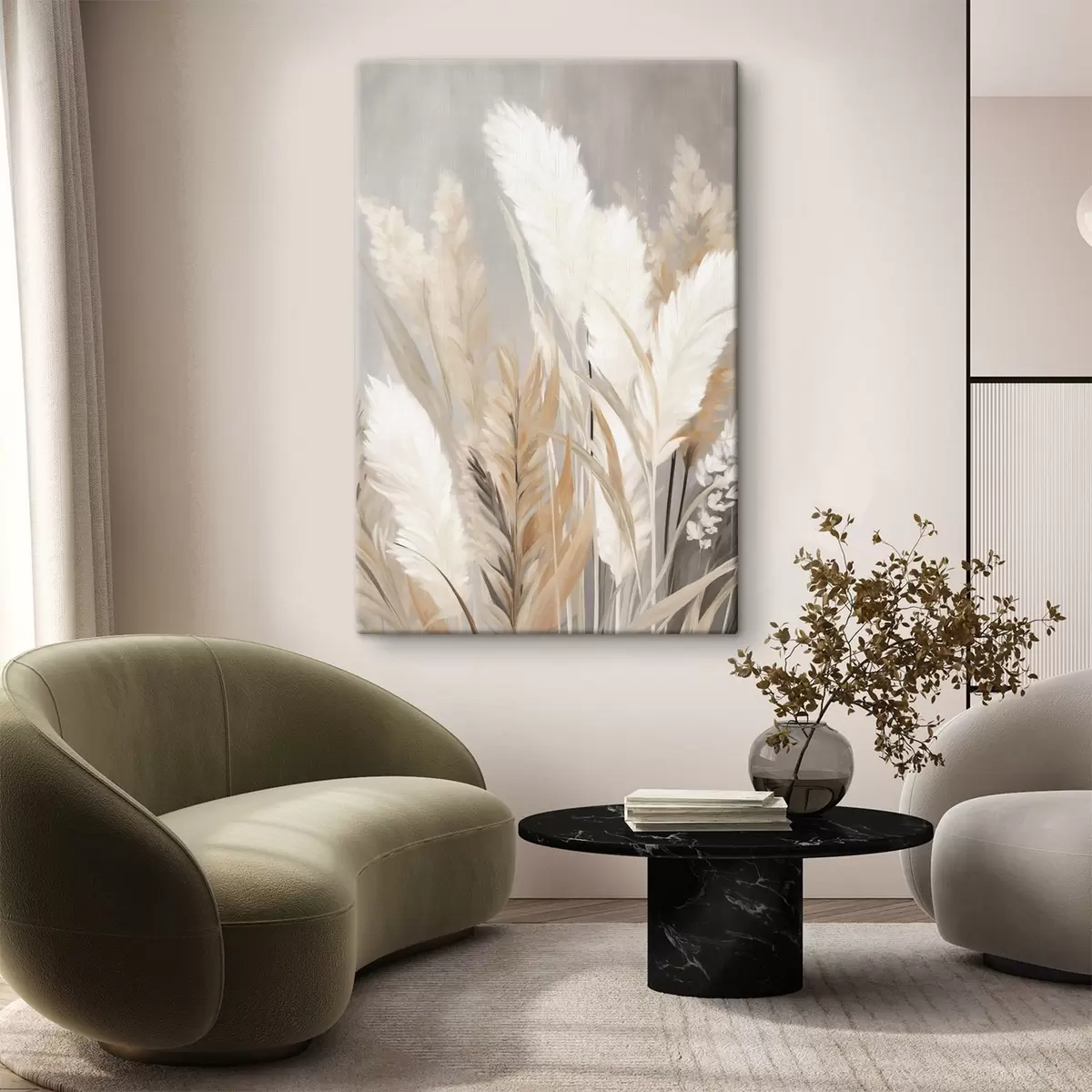wall murals Pampas grass with white and black leaves against a neutral background s50956