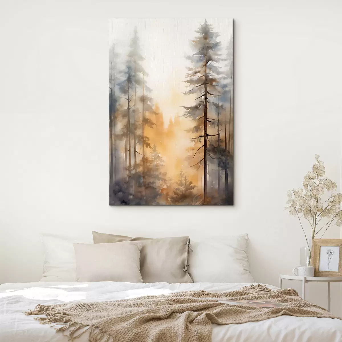 wall murals Tall pine trees, forest landscape with warm orange light s50959