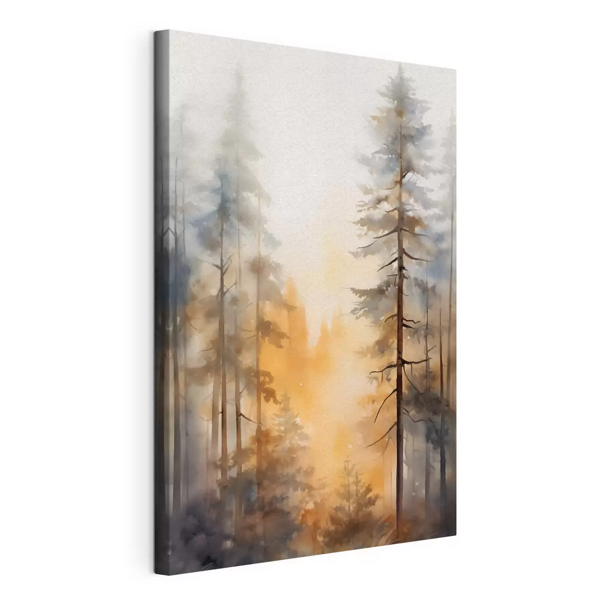 wall murals Tall pine trees, forest landscape with warm orange light s50959