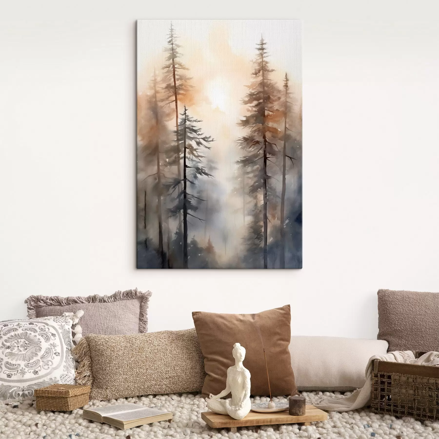 murales Pinos altos, paisaje forestal bañado por una cálida luz anaranjada s50960