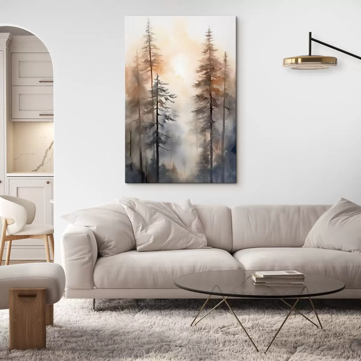 wall murals Tall pine trees, forest landscape with warm orange light s50960