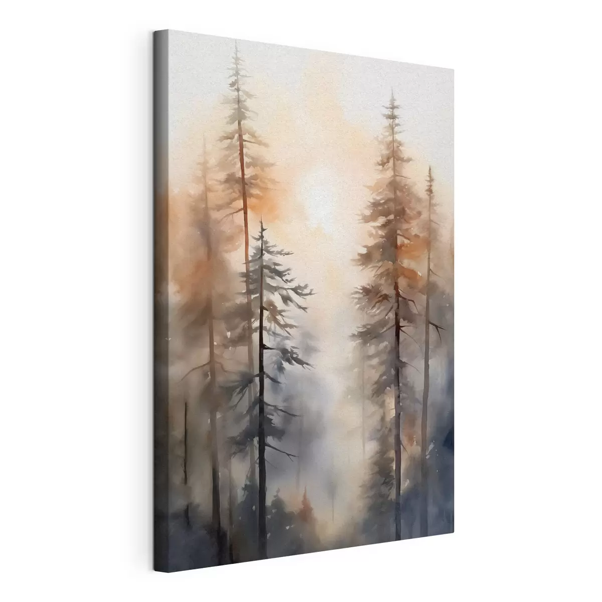 wall murals Tall pine trees, forest landscape with warm orange light s50960