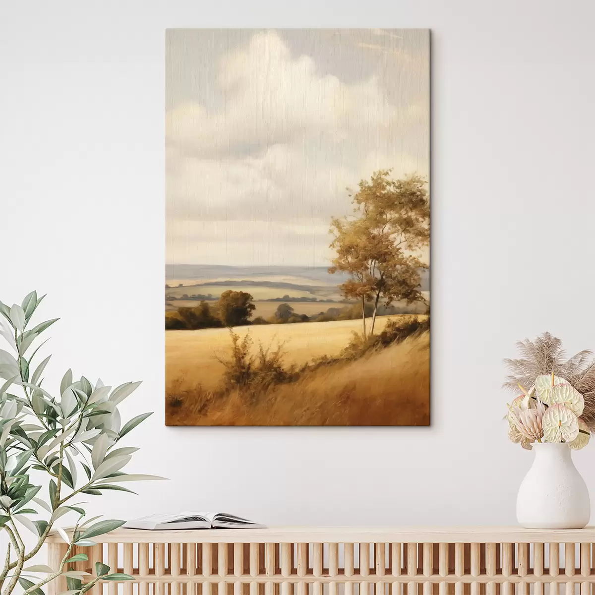 wall murals Textured landscape with rolling hills and field, autumn foliage, painting style s50965