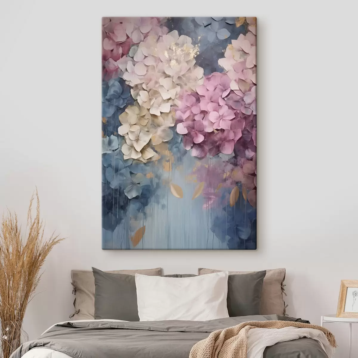 wall murals Hydrangeas in shades of pink, cream, and blue, with textured petals, abstract art s50967