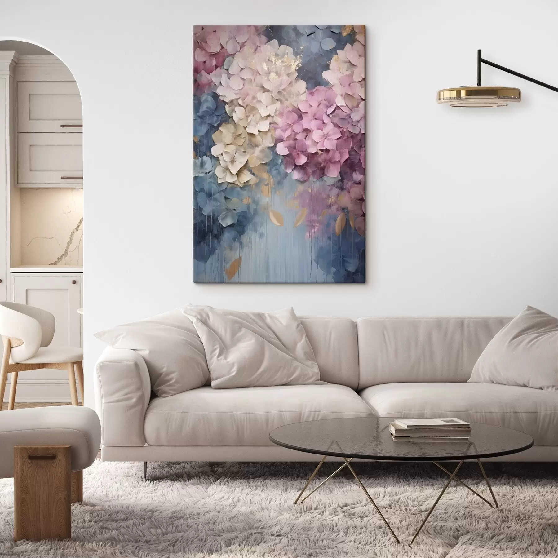 wall murals Hydrangeas in shades of pink, cream, and blue, with textured petals, abstract art s50967