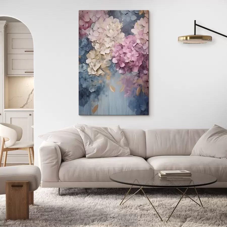 murales Hortensias en tonos rosa, crema y azul, con pétalos texturizados; arte abstracto s50967