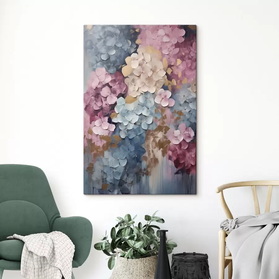 murales Hortensias en tonos rosa, crema y azul, con pétalos texturizados; arte abstracto s50968