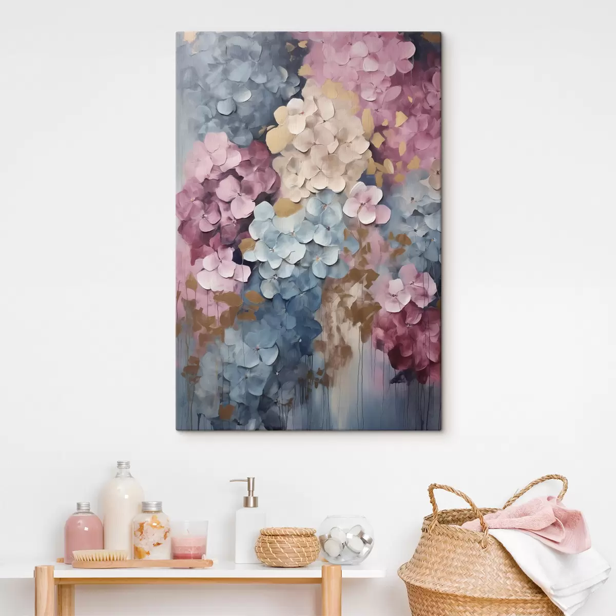 wall murals Hydrangeas in shades of pink, cream, and blue, with textured petals, abstract art s50968