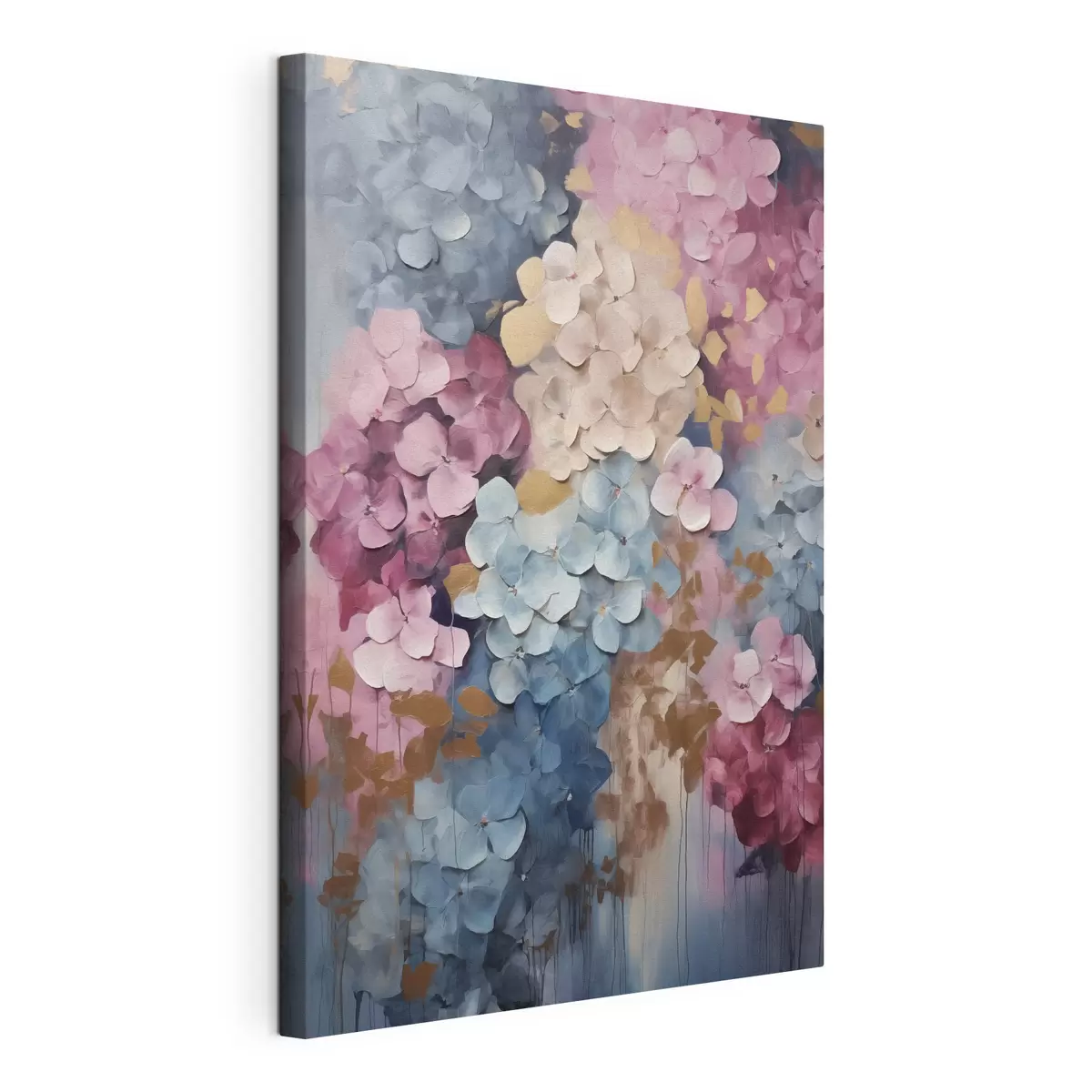 wall murals Hydrangeas in shades of pink, cream, and blue, with textured petals, abstract art s50968