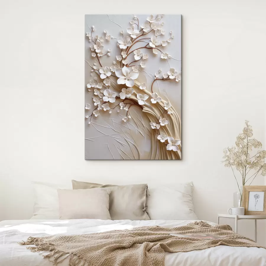 murales Árbol con flores blancas y tallos marrones, sobre un fondo beige claro con remolinos texturizados s50971