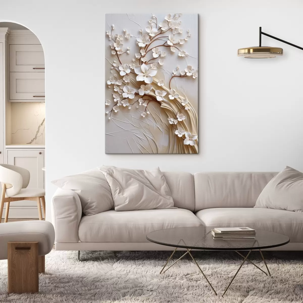 wall murals Tree with white flowers and brown stems, light beige background with textured swirls s50971