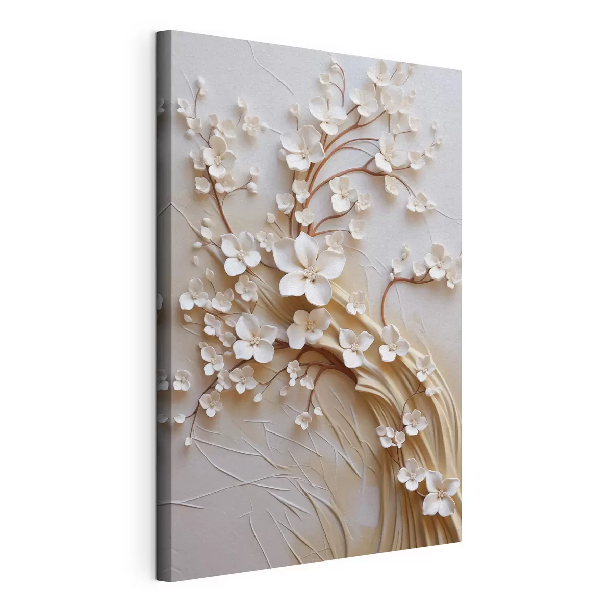 wall murals Tree with white flowers and brown stems, light beige background with textured swirls s50971