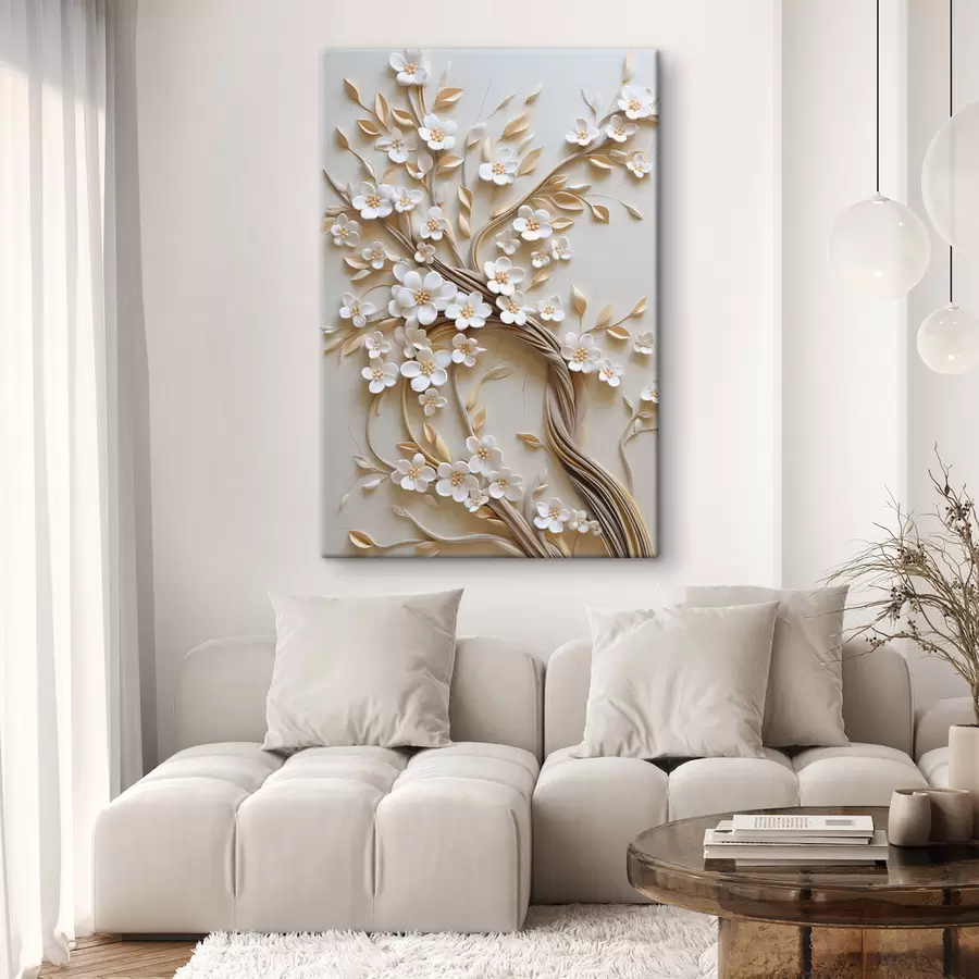 murales Árbol con flores blancas y tallos marrones, sobre un fondo beige claro con remolinos texturizados s50972