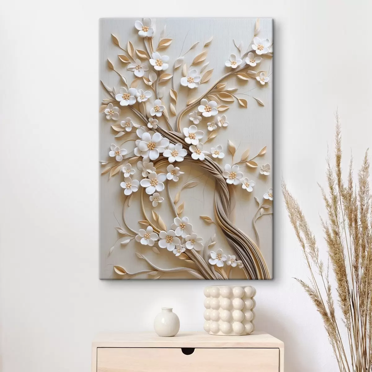 murales Árbol con flores blancas y tallos marrones, sobre un fondo beige claro con remolinos texturizados s50972