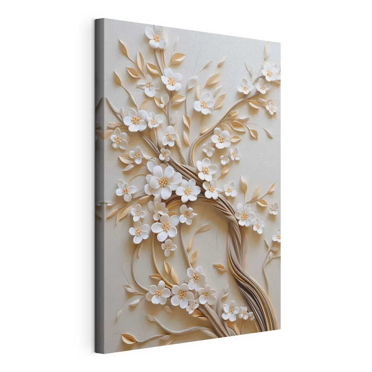 murales Árbol con flores blancas y tallos marrones, sobre un fondo beige claro con remolinos texturizados s50972