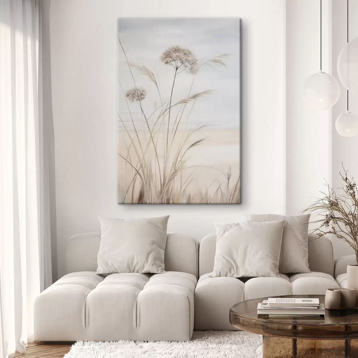 wall murals Tall, dry grass and flowers in muted beige and white tones, soft, blurred background s50973
